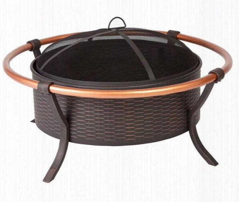 60859 Copper Rail Fire Pit With Antique Bronze Steel Fire Bowl Weave Pattern And Screen Lift