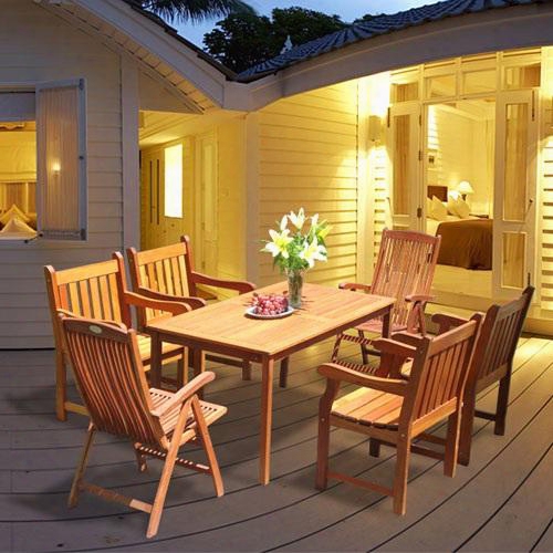 V98set7 Outdoor Wood Balthazar Rectangular Ttable 4 V209 Outdoor Wood Armchairs And 2 V145 Outdoor Wood Reclining