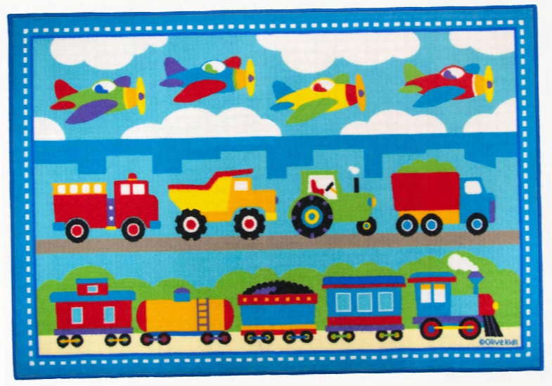 615410 Olive Kids Trains Planes Trucks 5x7 Rug Blue