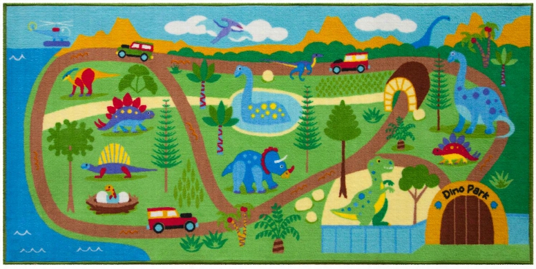 697408 Olive Kids Dinosaur Land Play Rug Green